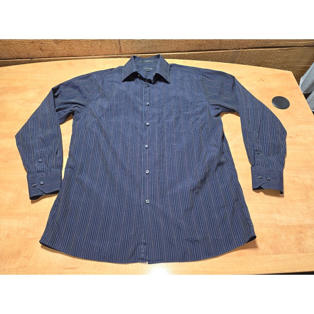 John W Nordstrom Mens Navy Blue Pinstripe Egyptian Cotton Tailored Shirt Large